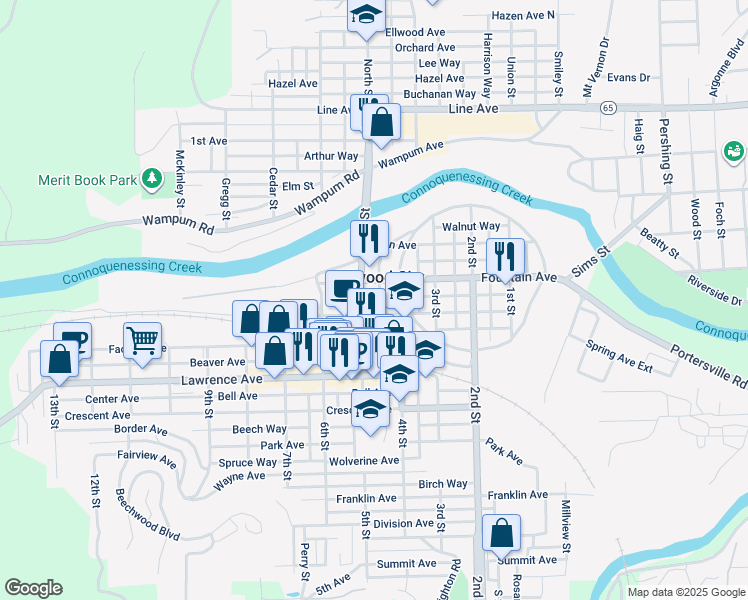 map of restaurants, bars, coffee shops, grocery stores, and more near in Ellwood City