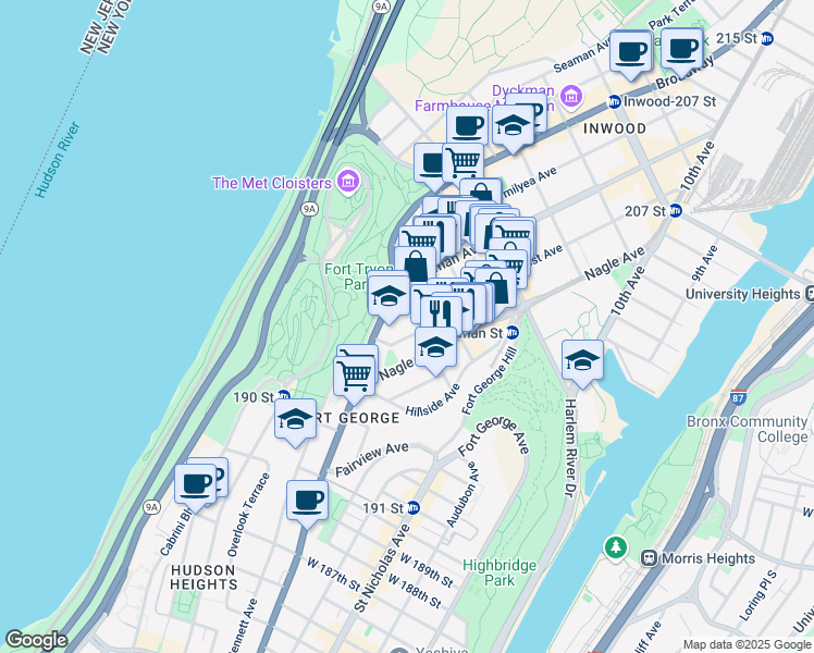 map of restaurants, bars, coffee shops, grocery stores, and more near 607 West 196th Street in New York