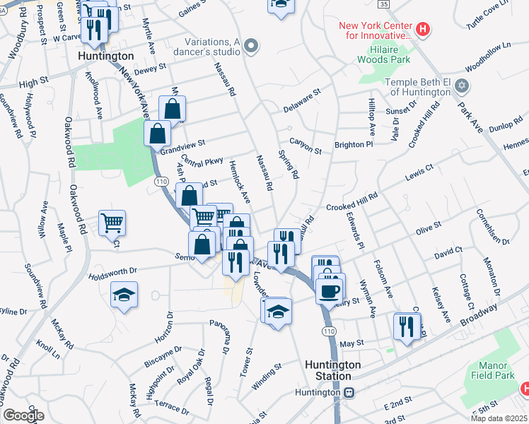 map of restaurants, bars, coffee shops, grocery stores, and more near 49 Ridgecrest Street in Huntington