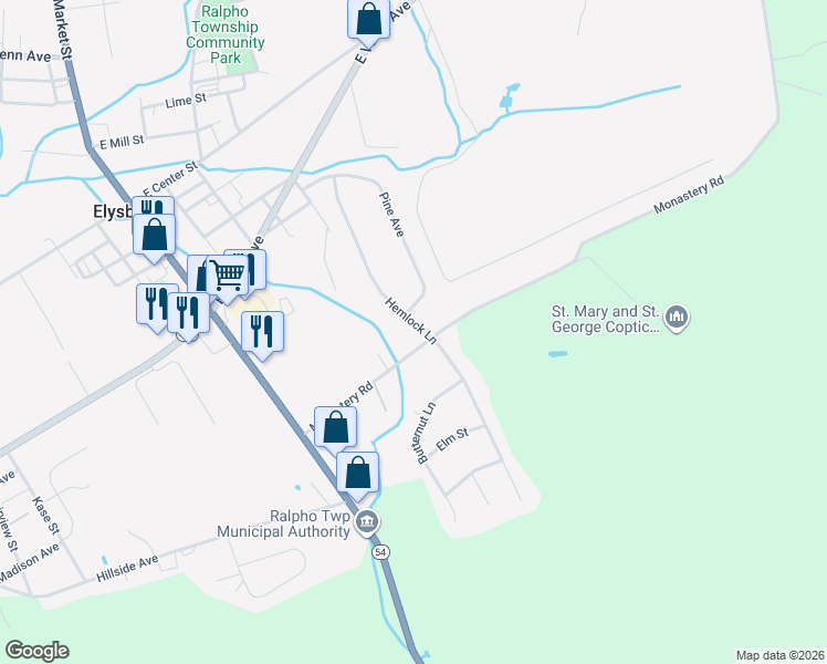 map of restaurants, bars, coffee shops, grocery stores, and more near 26 Hemlock Lane in Elysburg