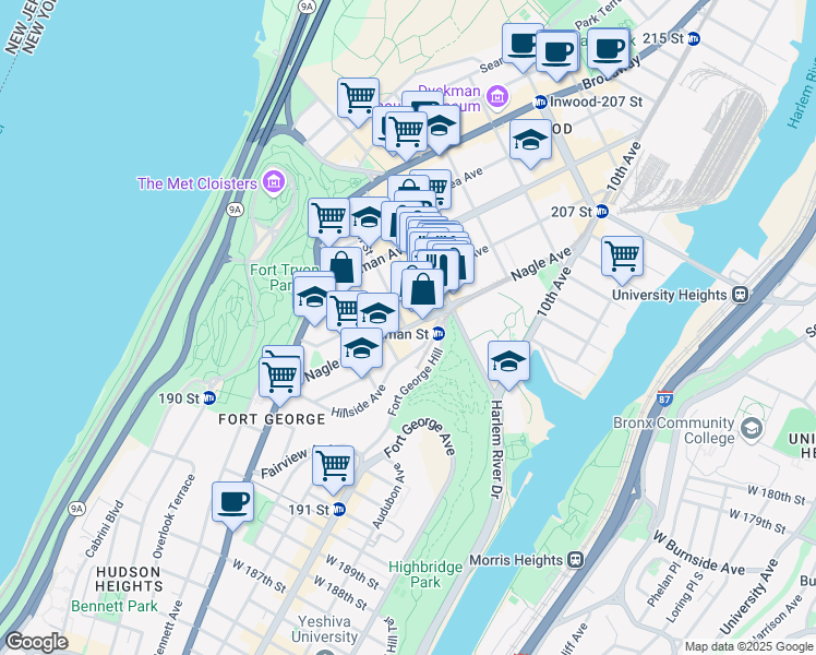 map of restaurants, bars, coffee shops, grocery stores, and more near 135 Nagle Avenue in New York