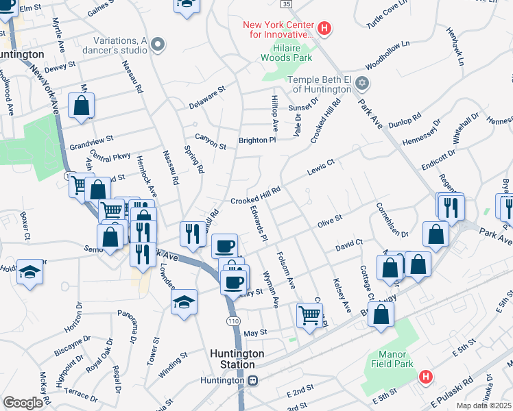 map of restaurants, bars, coffee shops, grocery stores, and more near 117 Folsom Avenue in Huntington Station