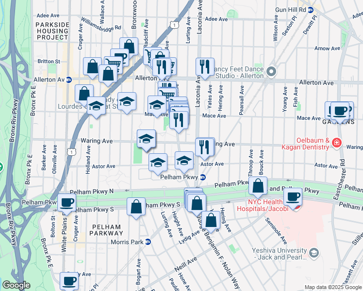 map of restaurants, bars, coffee shops, grocery stores, and more near 1061 Waring Avenue in Bronx