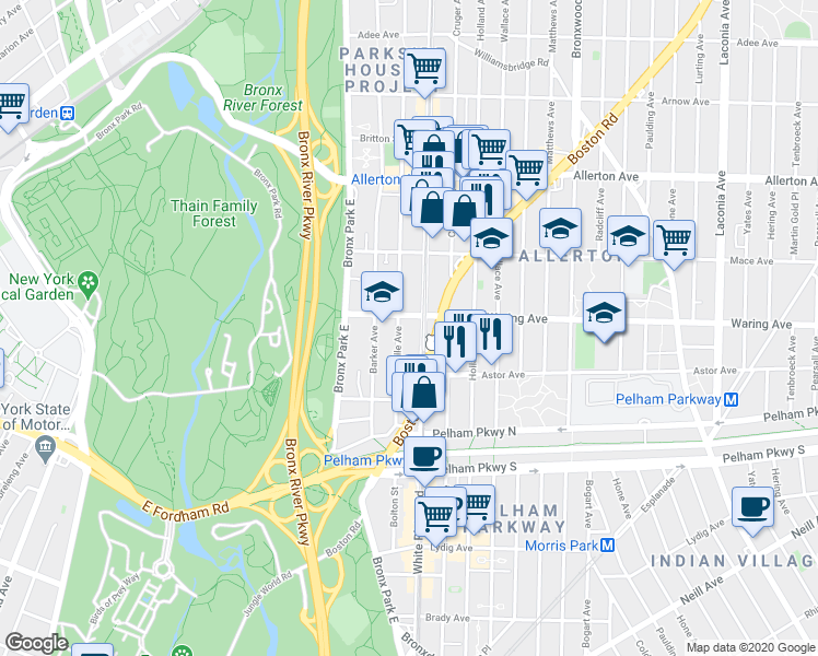 map of restaurants, bars, coffee shops, grocery stores, and more near in The Bronx