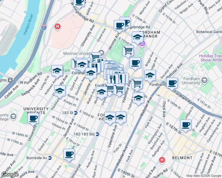 map of restaurants, bars, coffee shops, grocery stores, and more near in The Bronx