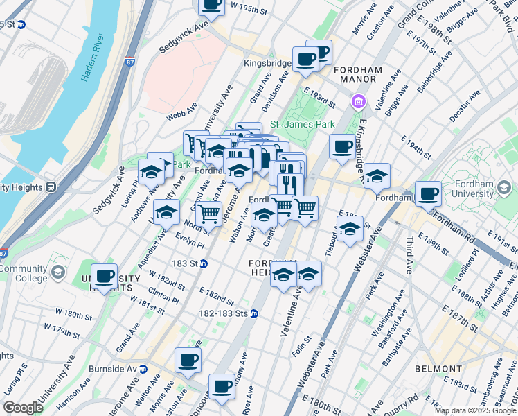 map of restaurants, bars, coffee shops, grocery stores, and more near 2430 Walton Avenue in Bronx