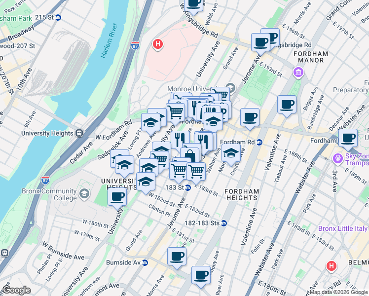 map of restaurants, bars, coffee shops, grocery stores, and more near 2391 Davidson Avenue in Bronx