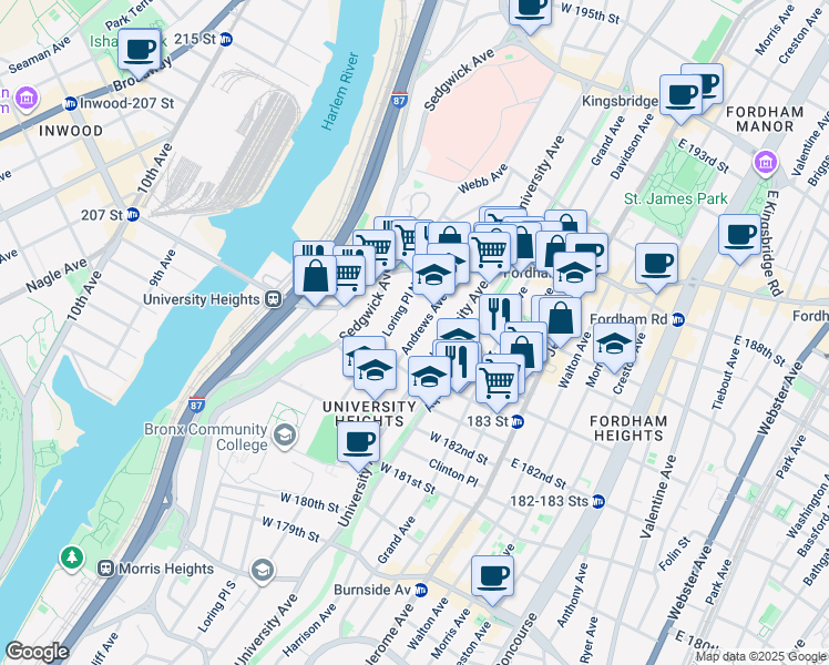 map of restaurants, bars, coffee shops, grocery stores, and more near 2300 Loring Place North in Bronx