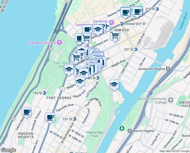 map of restaurants, bars, coffee shops, grocery stores, and more near 2 Thayer Street in New York