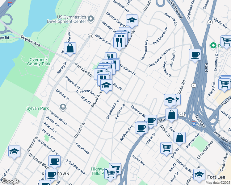 map of restaurants, bars, coffee shops, grocery stores, and more near 324 Elm Place in Leonia