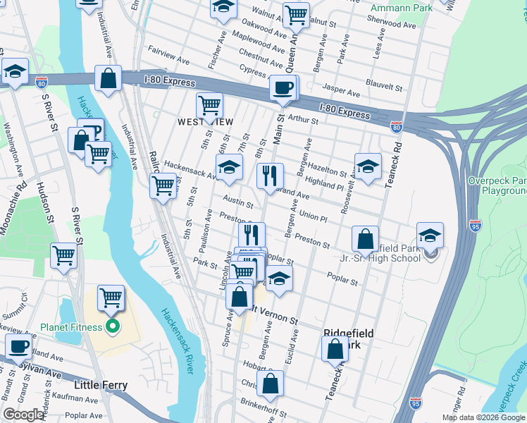 map of restaurants, bars, coffee shops, grocery stores, and more near 2 Union Place in Ridgefield Park