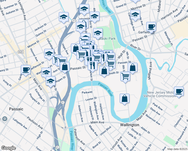 map of restaurants, bars, coffee shops, grocery stores, and more near 14 3rd Street in Passaic
