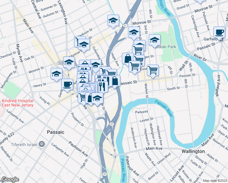 map of restaurants, bars, coffee shops, grocery stores, and more near 270 Passaic Avenue in Passaic