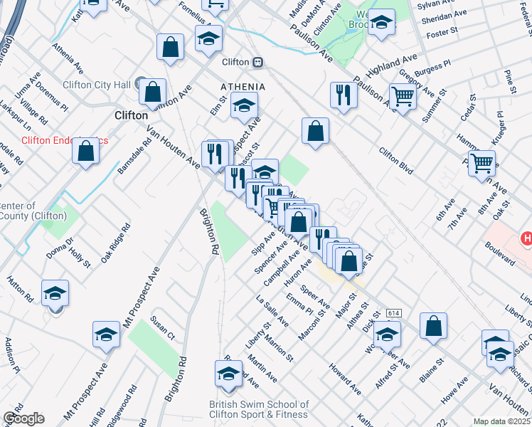 map of restaurants, bars, coffee shops, grocery stores, and more near 35 Machias Street in Clifton
