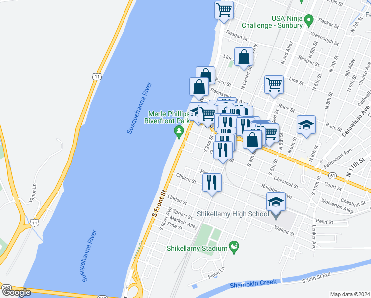 map of restaurants, bars, coffee shops, grocery stores, and more near 50 South Front Street in Sunbury