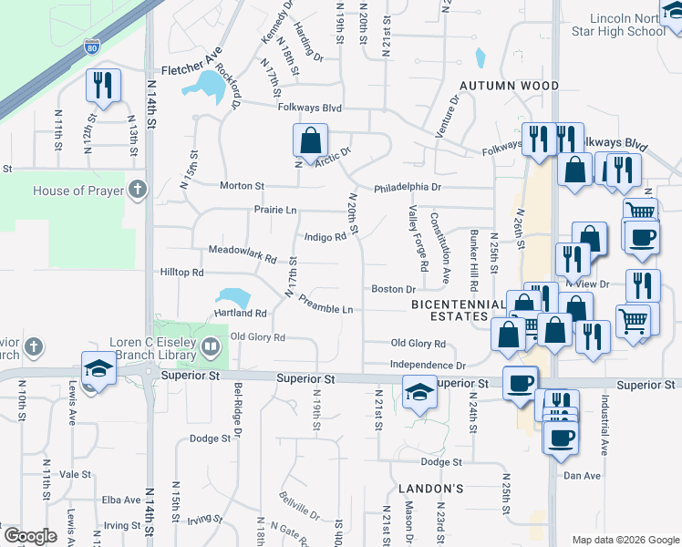 map of restaurants, bars, coffee shops, grocery stores, and more near 5039 North 20th Street in Lincoln