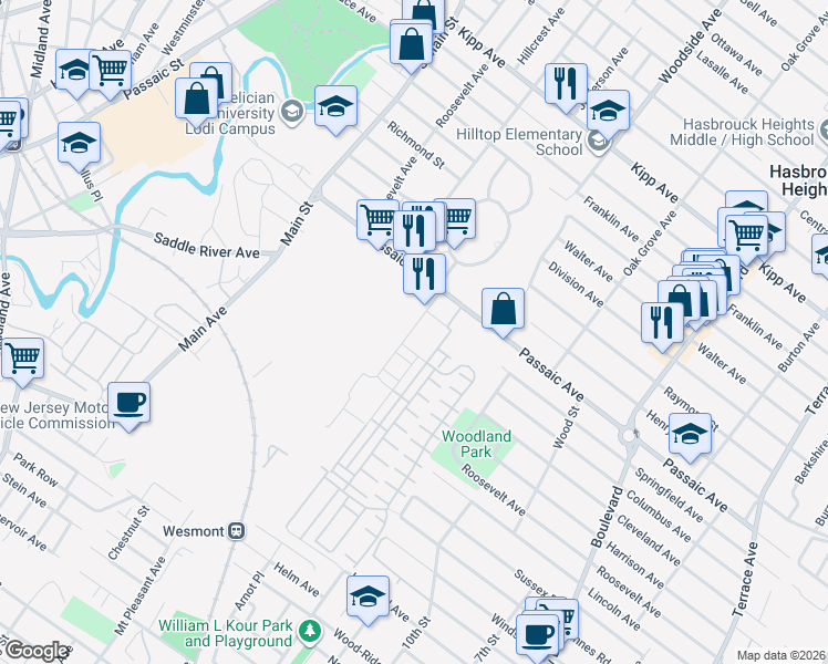 map of restaurants, bars, coffee shops, grocery stores, and more near 300 Avalon Drive in Wood-Ridge