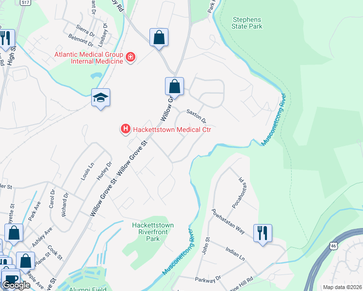 map of restaurants, bars, coffee shops, grocery stores, and more near 13 Rolling Rapids Court in Hackettstown