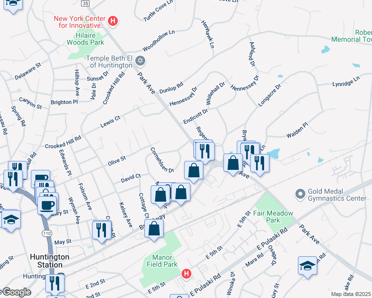 map of restaurants, bars, coffee shops, grocery stores, and more near 709 Park Avenue in Huntington