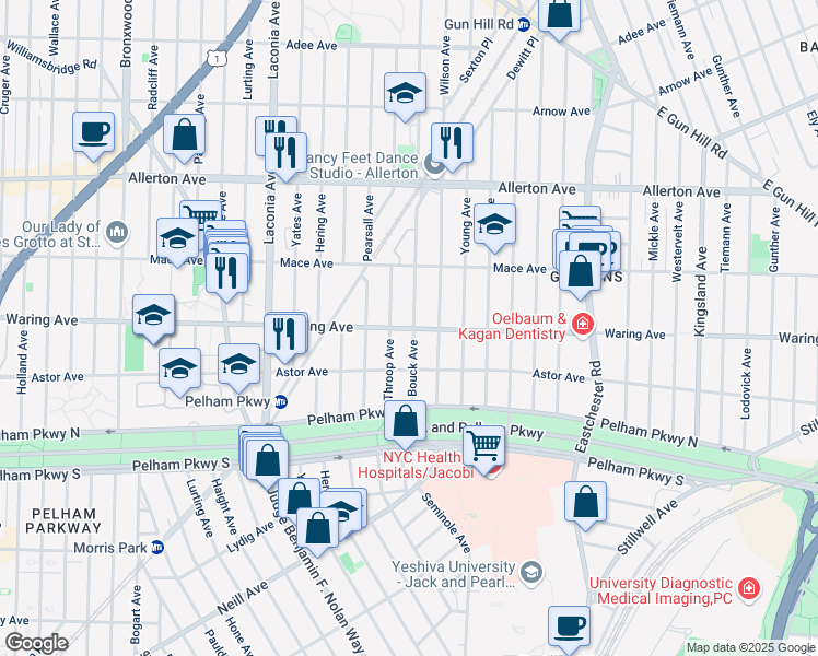map of restaurants, bars, coffee shops, grocery stores, and more near Waring Avenue in Bronx