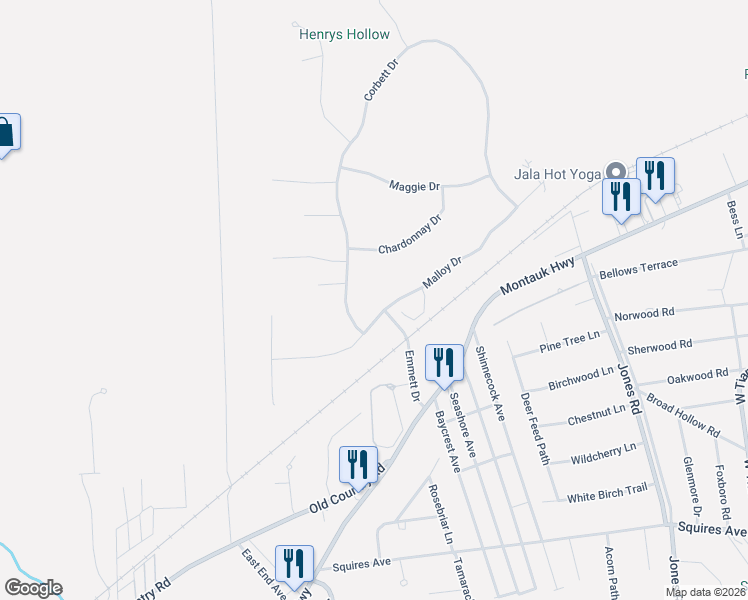 map of restaurants, bars, coffee shops, grocery stores, and more near 158 Malloy Drive in East Quogue