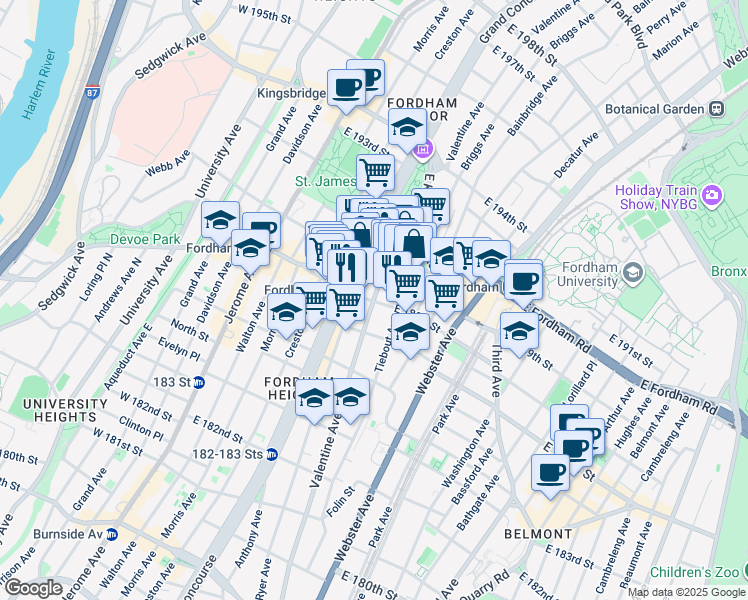 map of restaurants, bars, coffee shops, grocery stores, and more near Valentine Avenue & East 188th Street in Bronx