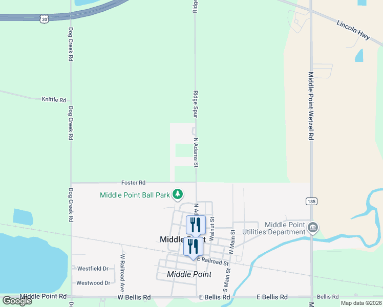 map of restaurants, bars, coffee shops, grocery stores, and more near 9900-9968 North Adams Street in Middle Point