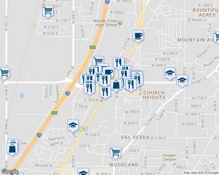 map of restaurants, bars, coffee shops, grocery stores, and more near 2669 South Main Street in North Salt Lake