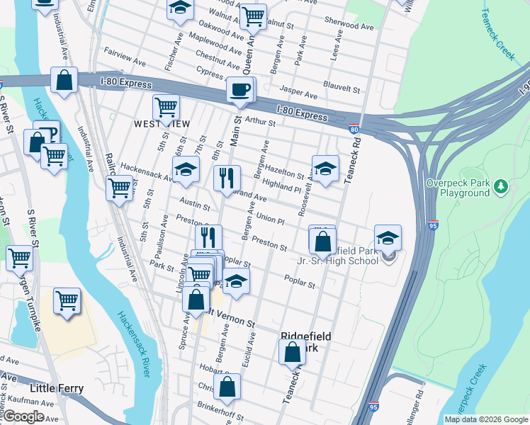 map of restaurants, bars, coffee shops, grocery stores, and more near 45 Grand Avenue in Ridgefield Park