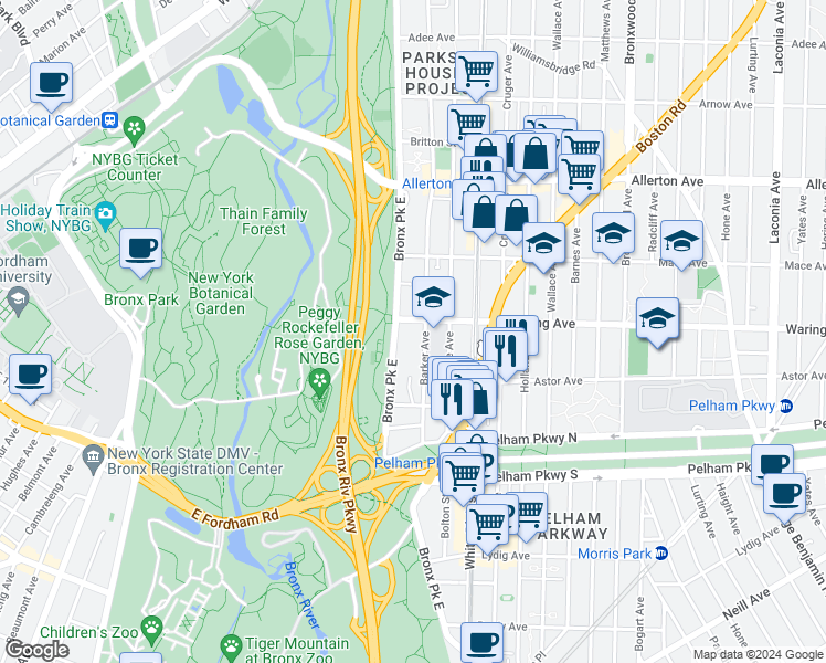 map of restaurants, bars, coffee shops, grocery stores, and more near in The Bronx