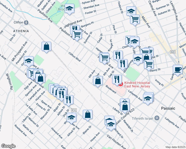 map of restaurants, bars, coffee shops, grocery stores, and more near 55 6th Avenue in Passaic