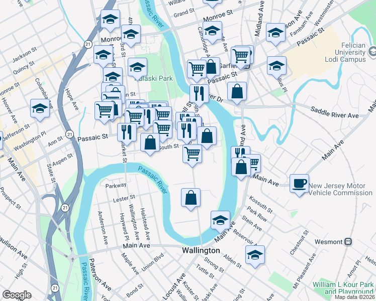 map of restaurants, bars, coffee shops, grocery stores, and more near 153 8th Street in Passaic