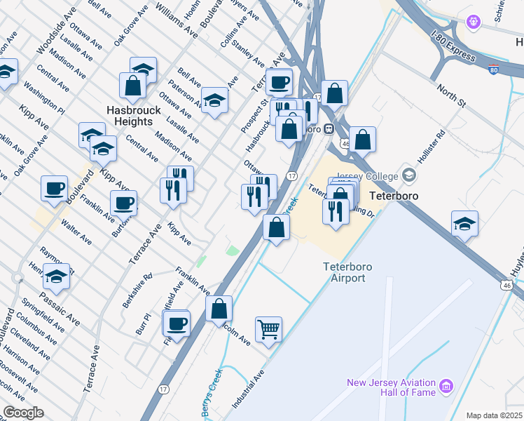 map of restaurants, bars, coffee shops, grocery stores, and more near 329 New Jersey 17 in Hasbrouck Heights