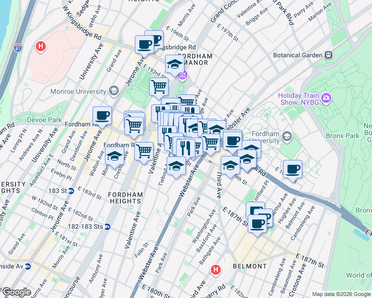 map of restaurants, bars, coffee shops, grocery stores, and more near 321 East Fordham Road in The Bronx