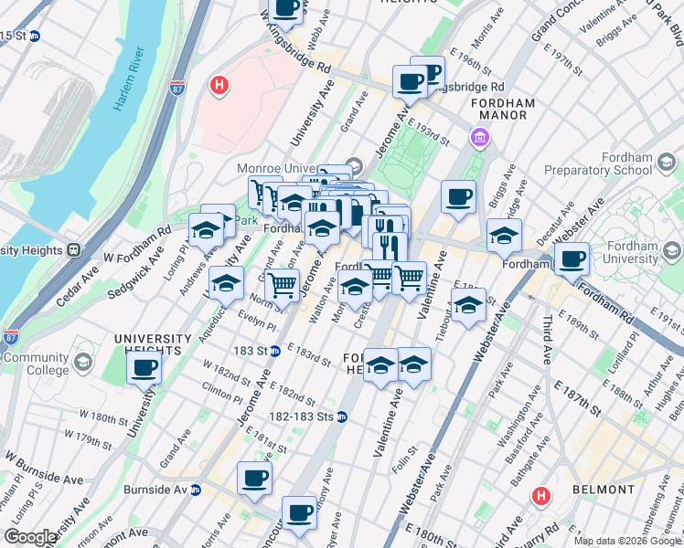 map of restaurants, bars, coffee shops, grocery stores, and more near 2430 Walton Avenue in Bronx