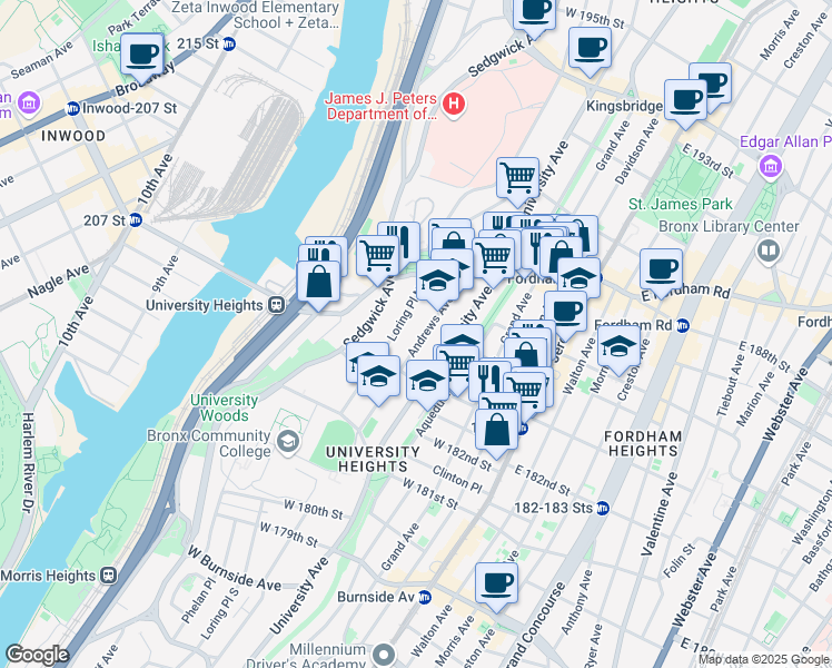 map of restaurants, bars, coffee shops, grocery stores, and more near 2300 Loring Place North in Bronx