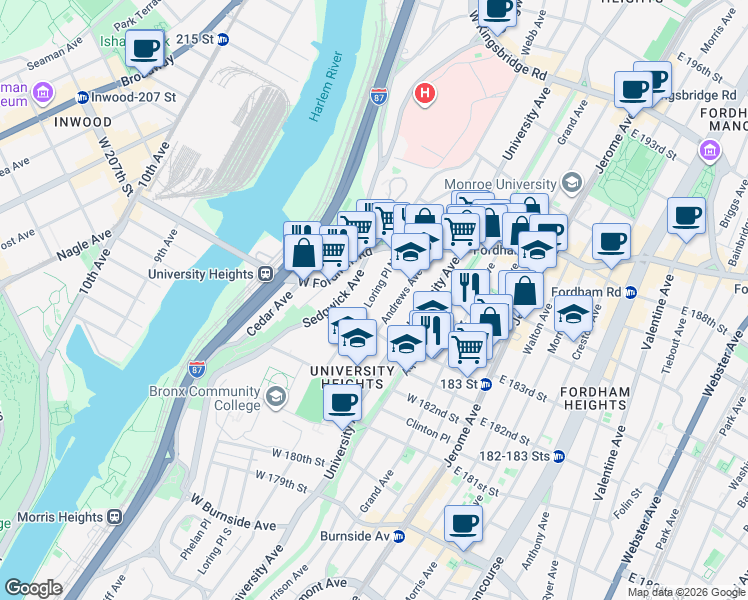 map of restaurants, bars, coffee shops, grocery stores, and more near 2300 Loring Place North in Bronx