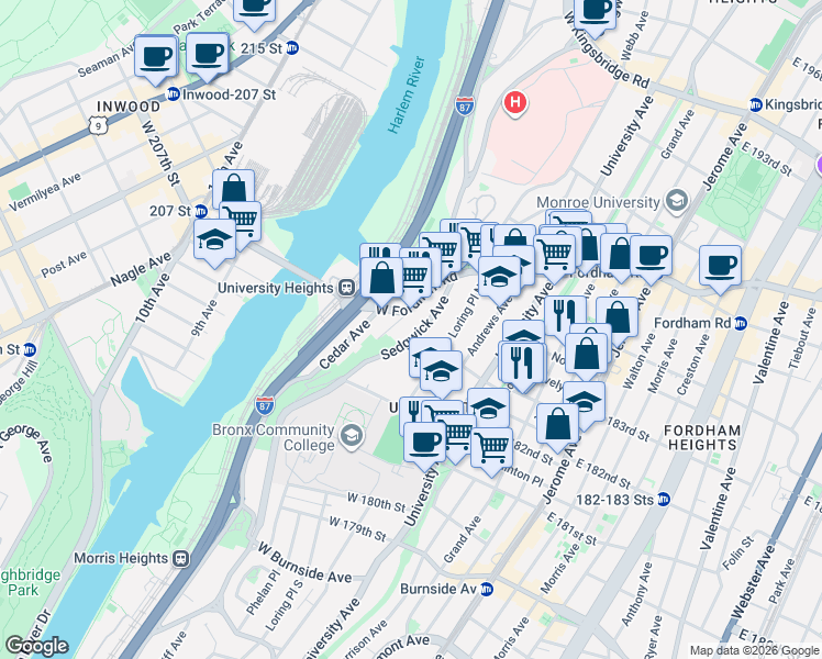 map of restaurants, bars, coffee shops, grocery stores, and more near in The Bronx