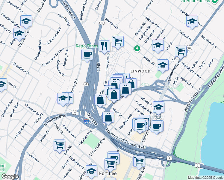 map of restaurants, bars, coffee shops, grocery stores, and more near 3020 Edwin Avenue in Fort Lee