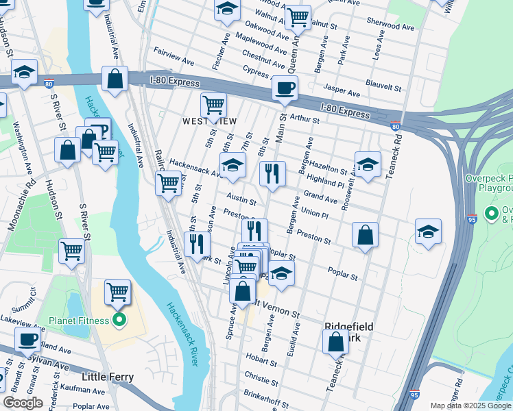 map of restaurants, bars, coffee shops, grocery stores, and more near 48 Austin Street in Ridgefield Park