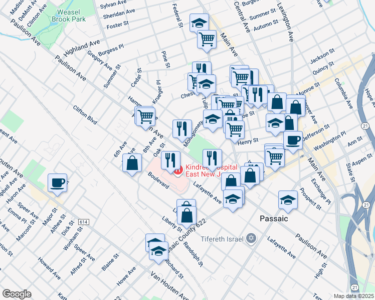map of restaurants, bars, coffee shops, grocery stores, and more near 342 Montgomery Street in Passaic