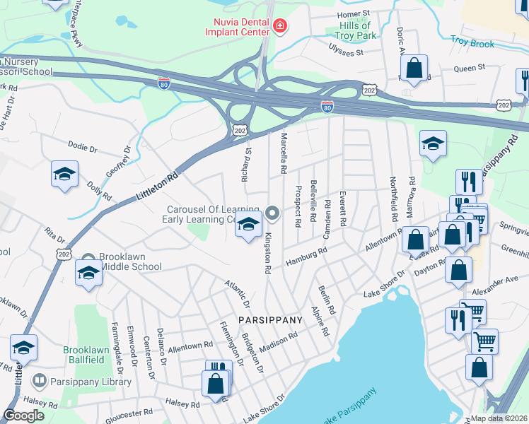 map of restaurants, bars, coffee shops, grocery stores, and more near 269 Kingston Road in Parsippany-Troy Hills