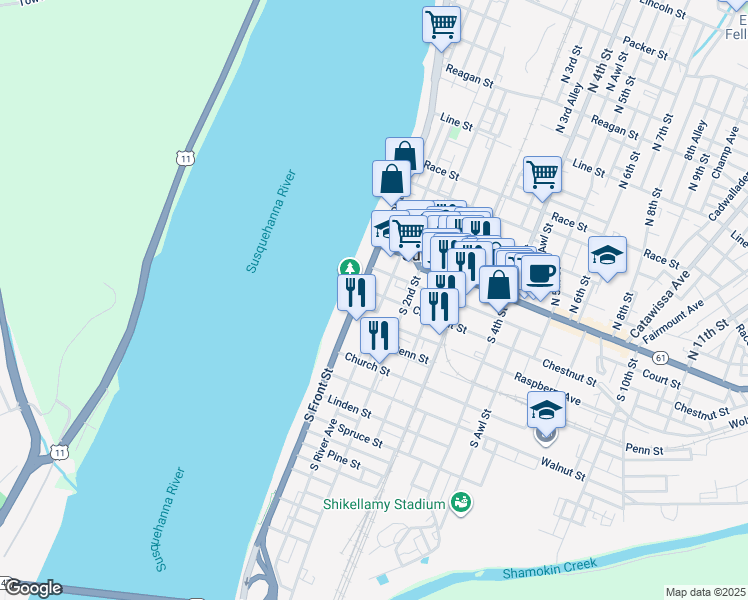 map of restaurants, bars, coffee shops, grocery stores, and more near 119 Chestnut Street in Sunbury