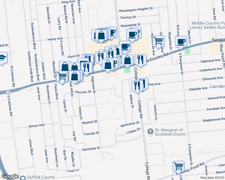 map of restaurants, bars, coffee shops, grocery stores, and more near 15 Peconic Street in Selden