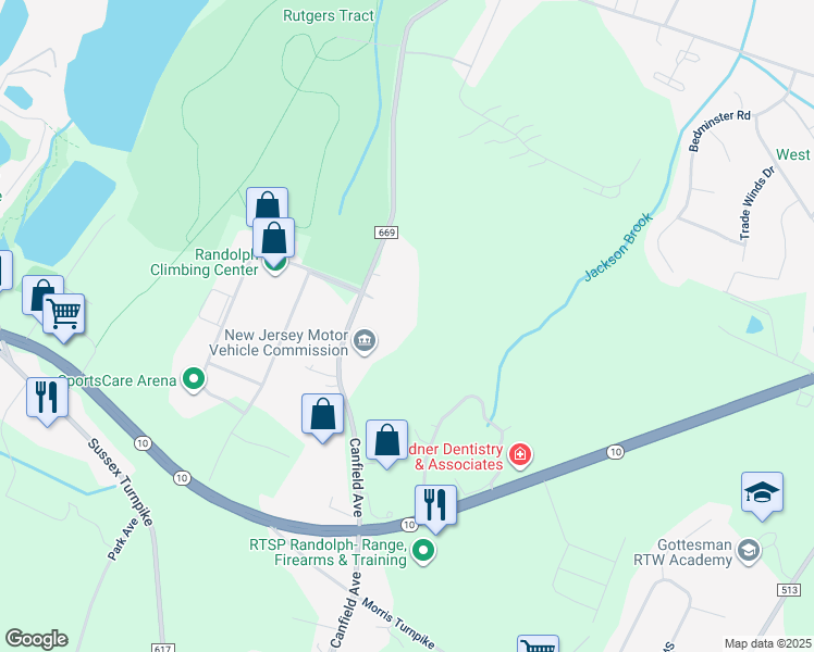 map of restaurants, bars, coffee shops, grocery stores, and more near 5308 Barclay Court in Randolph