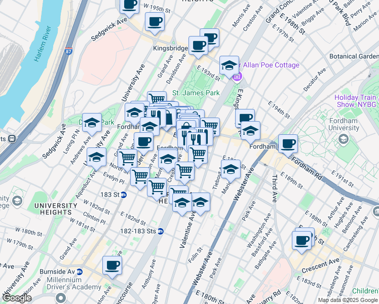 map of restaurants, bars, coffee shops, grocery stores, and more near in The Bronx