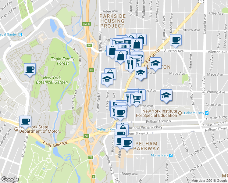 map of restaurants, bars, coffee shops, grocery stores, and more near 2381 Olinville Avenue in Bronx