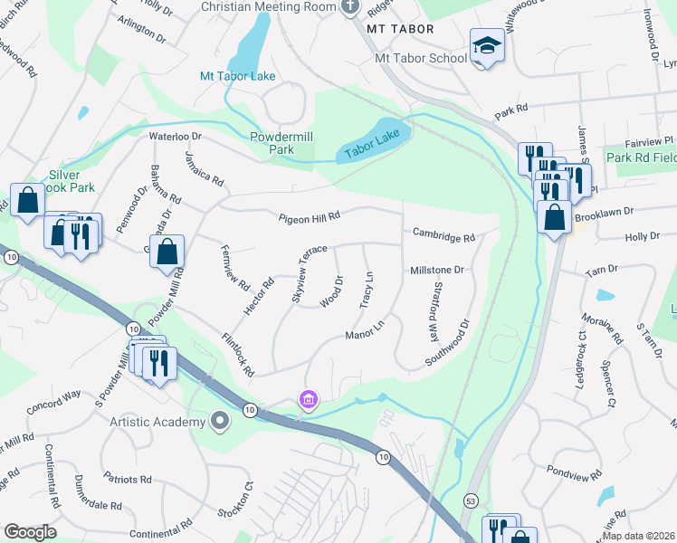 map of restaurants, bars, coffee shops, grocery stores, and more near 12 Wood Drive in Morris Plains