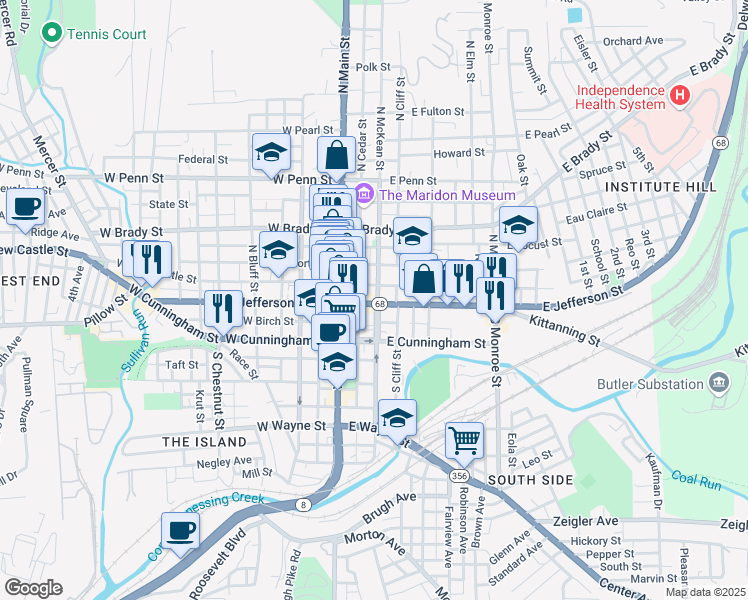 map of restaurants, bars, coffee shops, grocery stores, and more near 117 North Main Street in Butler