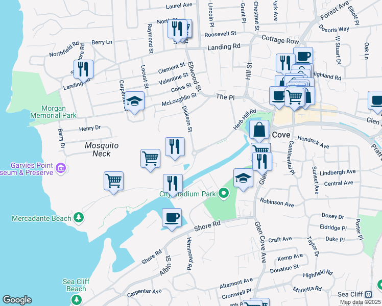 map of restaurants, bars, coffee shops, grocery stores, and more near 100 Garvies Point Road in Glen Cove